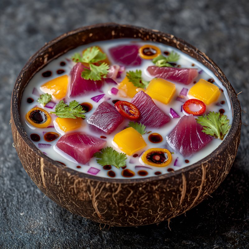 Fresh fish dish served in coconut bowl with colorful toppings Free Premium Stock Photo - stock photo