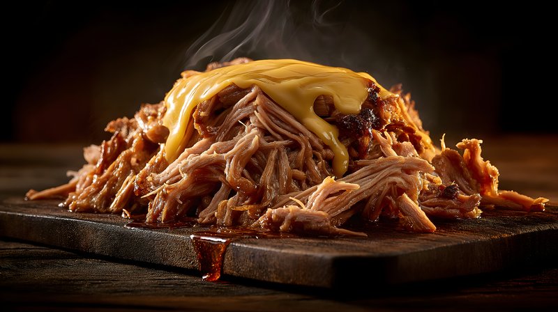 Pulled pork with melted cheese on wooden board Free Premium Stock Image - stock photo