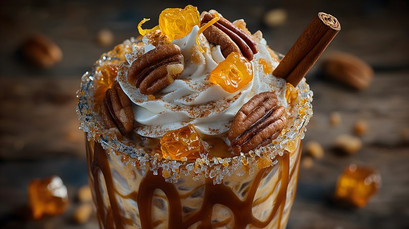Dessert drink topped with nuts and candy pieces on table Free Premium Stock Image - stock photo