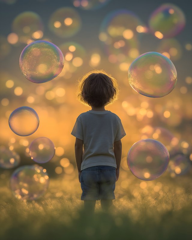 Child plays with bubbles at sunset in a grassy field Free Premium Stock Image - stock photo