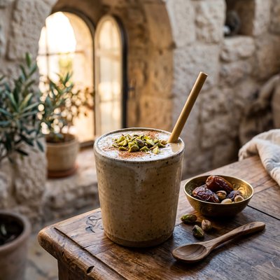 Tahini Date Shake with Pistachio Topping - stock photo