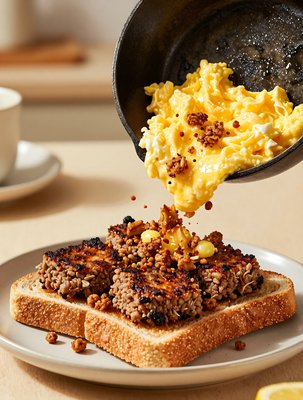 Goetta Toast with Creamy Scrambled Eggs - stock photo