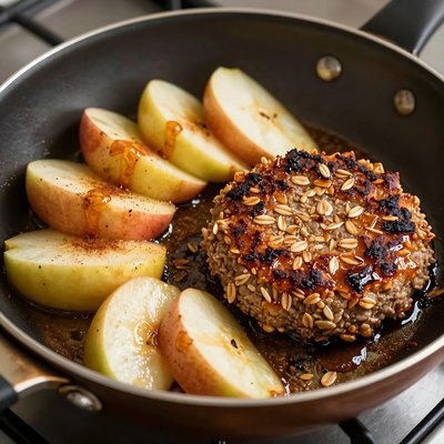 Goetta Seared with Apple Slices in Skillet - stock photo