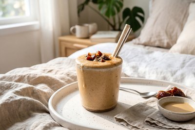 Tahini Date Shake on Bed Wellness Breakfast - stock photo