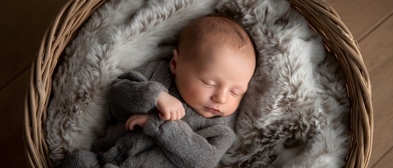 Newborn baby rests in a woven basket on a soft blanket Free Premium Stock Photo - stock photo