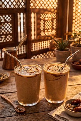 Creamy Tahini Date Shake on Wood Table - stock photo