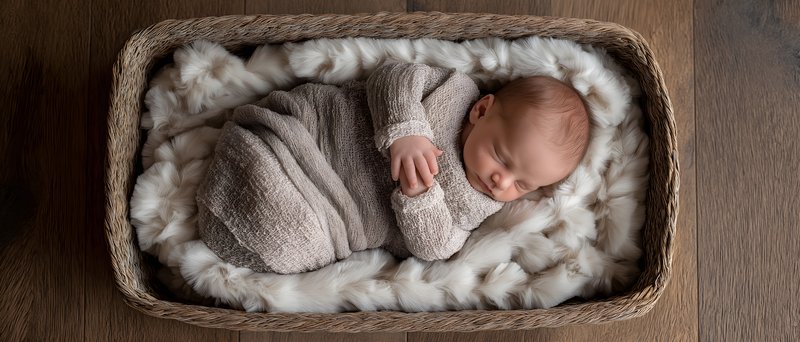 Newborn sleeps in a cozy basket on a wooden floor Free Premium Stock Image - stock photo