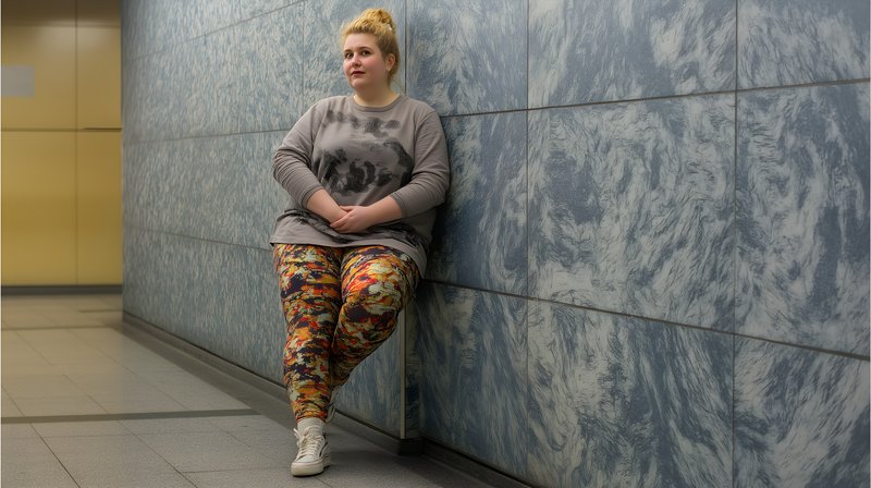 A young woman rests against a wall in a modern building Free Premium Stock Photo - stock photo