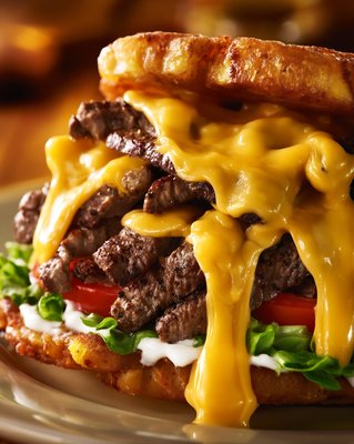 Jibarito Burger with Melted Cheese and Crispy Fried Plantain Buns - stock photo
