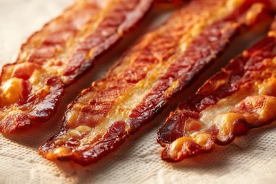 Crispy Bacon Strips on Paper Towel - stock photo