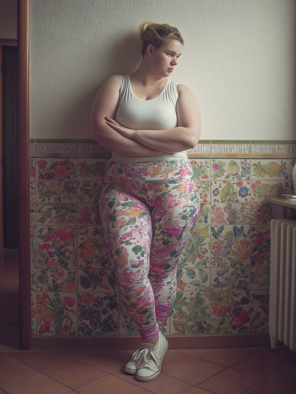 Young woman stands by a wall in floral leggings Free Premium Stock Photo - stock photo