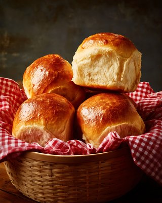 Bierocks Fresh Baked Golden Rolls in Rustic Wicker Basket - stock photo