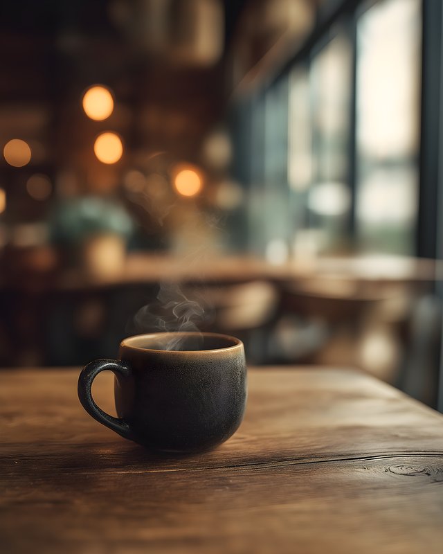 Coffee cup sits on a wooden table in a warm caf? Free Premium Stock Photo - stock photo