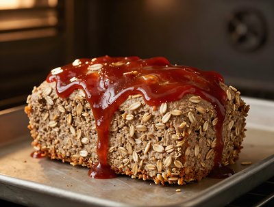 Goetta Meatloaf with Ketchup Glaze on Cutting Board - stock photo
