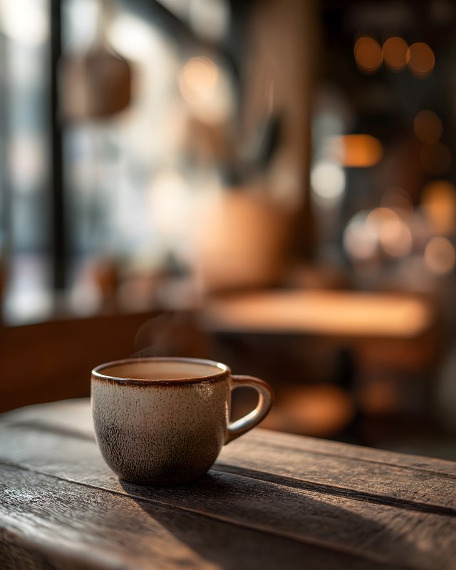 Morning coffee on a wooden table in a cozy cafe setting Free Premium Stock Image - stock photo