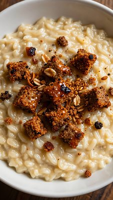 Goetta-Topped Risotto with Peanut Garnish - stock photo
