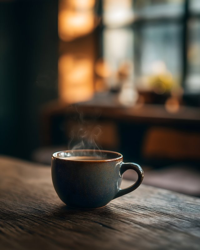 Coffee cup on table with steam rising in a warm setting Free Premium Stock Image - stock photo