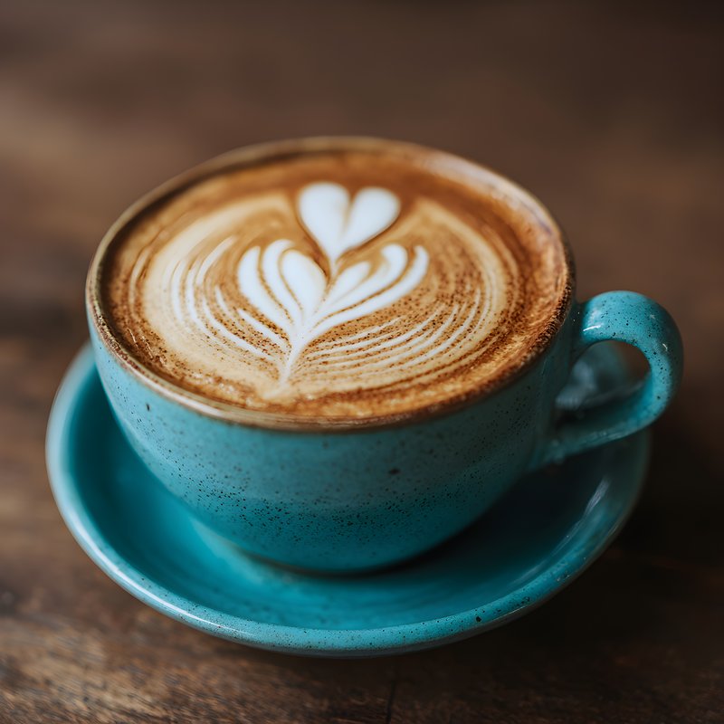 Coffee served in a blue cup with latte art on wooden table Free Premium Stock Photo - stock photo