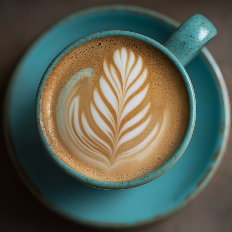 Coffee cup with latte art on blue plate in cafe setting Free Premium Stock Image - stock photo