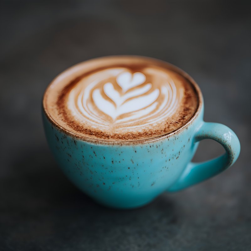 Coffee cup with latte art sits on a table Free Premium Stock Photo - stock photo