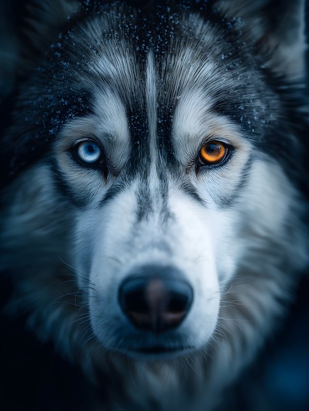 Wolf with blue and orange eyes looks directly at viewer Free Premium Stock Photo - stock photo