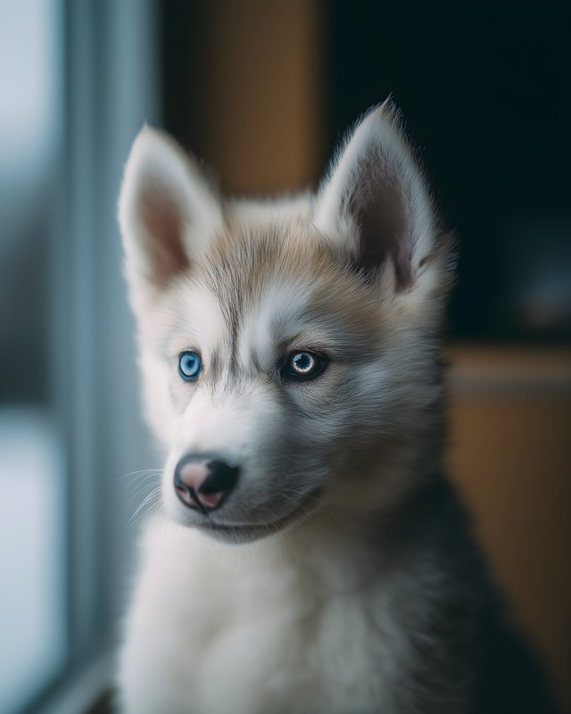 Cute husky puppy looks out the window in a cozy room Free Premium Stock Photo - stock photo