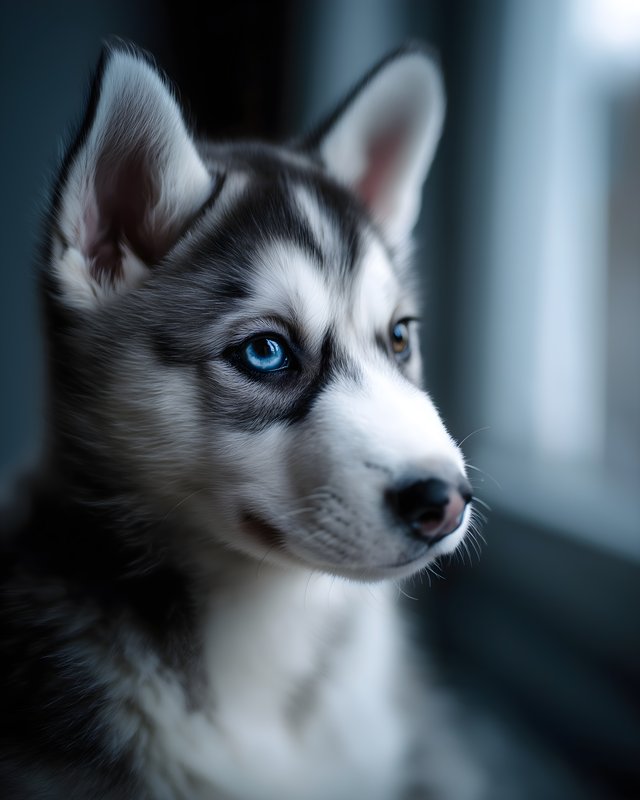 Cute husky puppy sitting by the window in soft light Free Premium Stock Image - stock photo