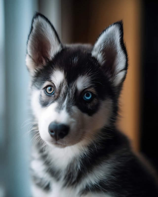 Cute husky puppy poses indoors by window in soft light Free Premium Stock Image - stock photo