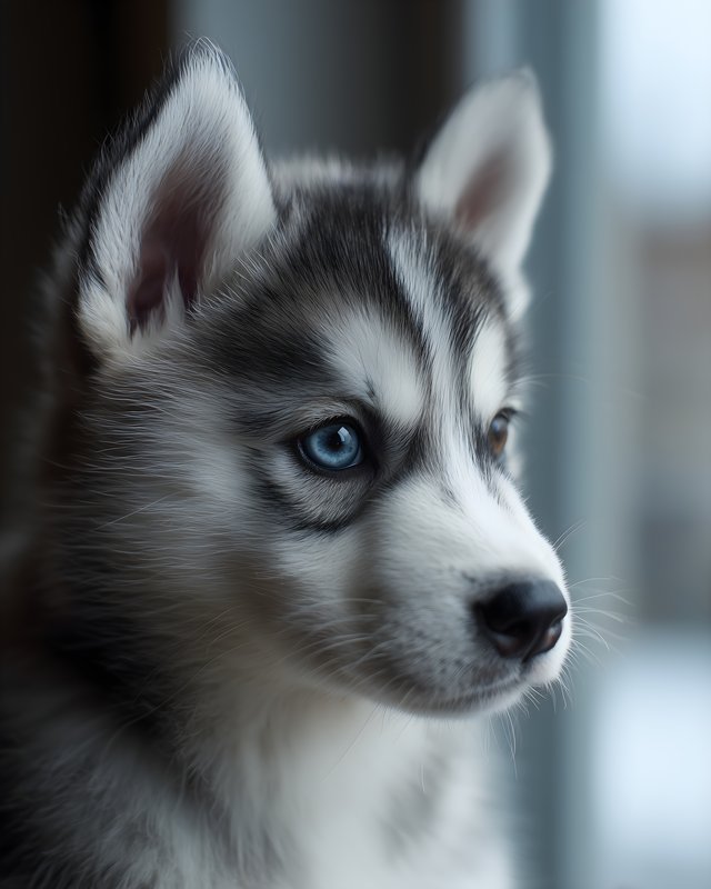 Husky puppy looking out the window during winter day Free Premium Stock Image - stock photo