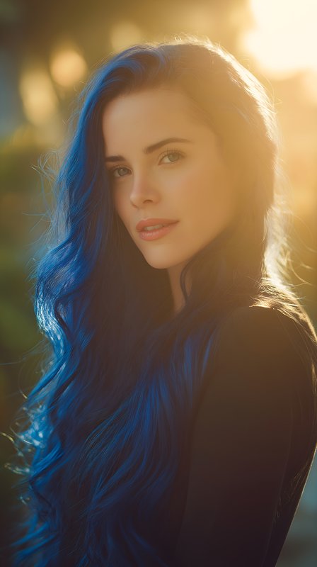 Girl with blue hair in sunlight near plants Free Premium Stock Image - stock photo