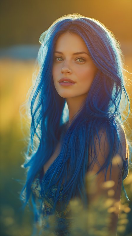 Bright blue hair stands out in sunset light outdoors Free Premium Stock Photo - stock photo