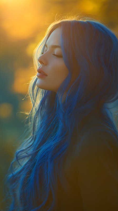Woman with blue hair enjoying sunset in outdoor setting Free Premium Stock Image - stock photo