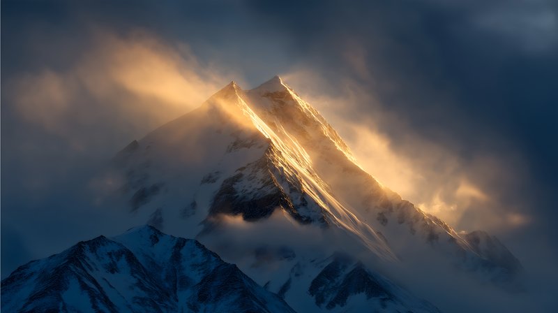 Mountain peak illuminated by sunlight in cloudy skies Free Premium Stock Image - stock photo