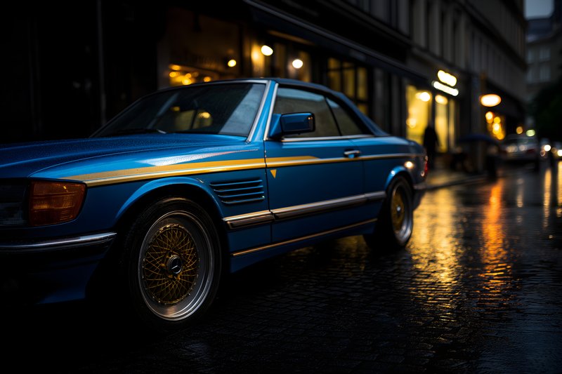 Classic blue car parked on a wet street at night Free Premium Stock Photo - stock photo