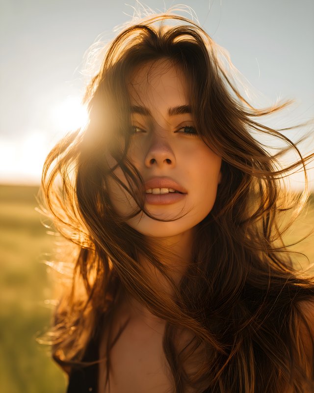Bright sun shining on woman with flowing hair outdoors Free Premium Stock Image - stock photo
