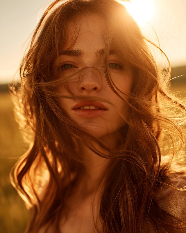Young woman in a field during sunset with flowing hair Free Premium Stock Image - stock photo