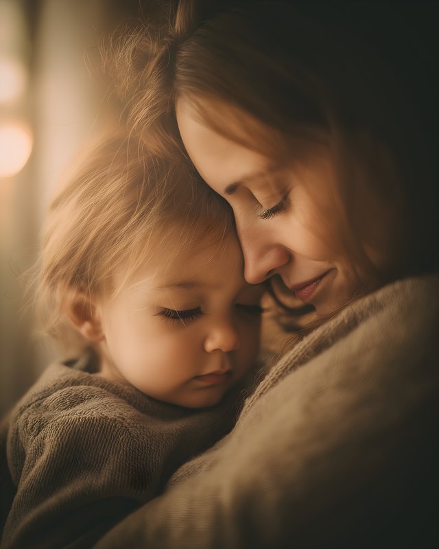Mother and child share a tender moment indoors during evening Free Premium Stock Image - stock photo
