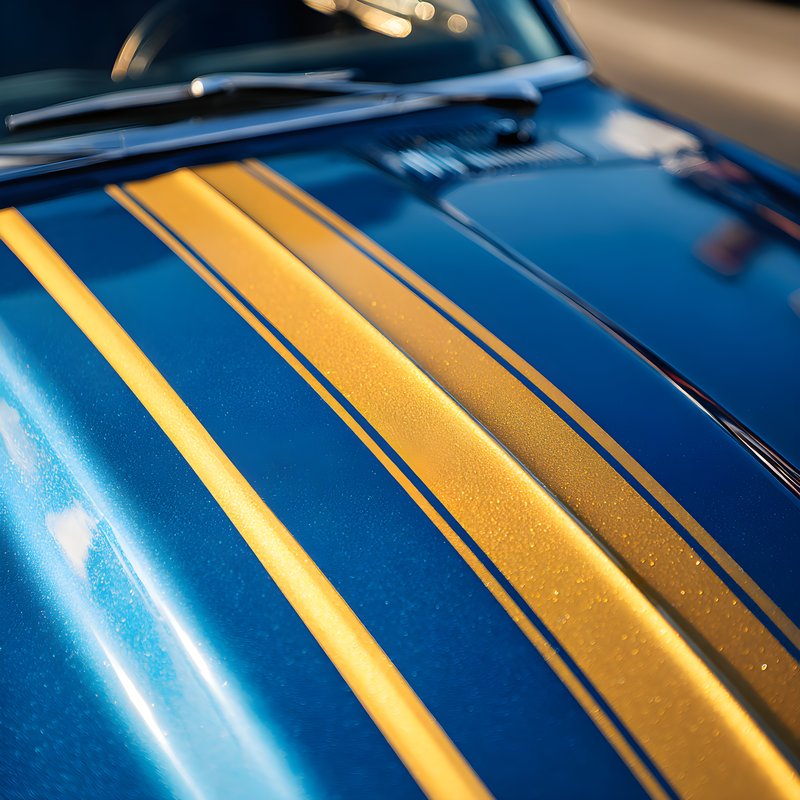 Classic blue car with yellow stripes on a sunny day Free Premium Stock Image - stock photo