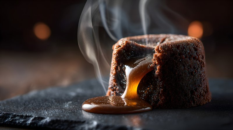 Warm dessert with melted chocolate sauce on a dark background Free Premium Stock Image - stock photo