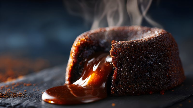 Chocolate dessert with warm sauce flowing on a dark plate Free Premium Stock Photo - stock photo