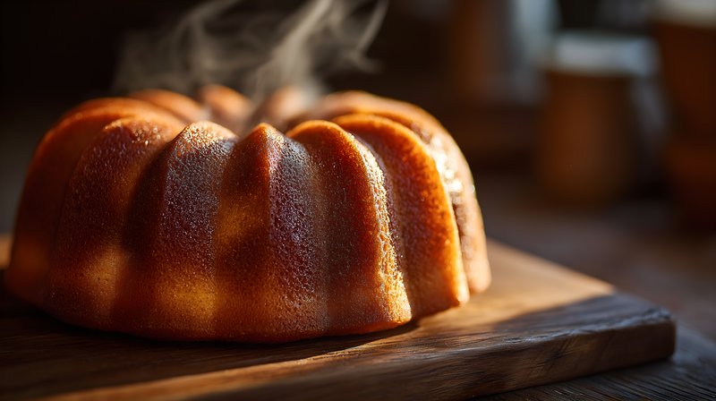 Freshly baked bundt cake on a wooden table in warm light Free Premium Stock Image - stock photo