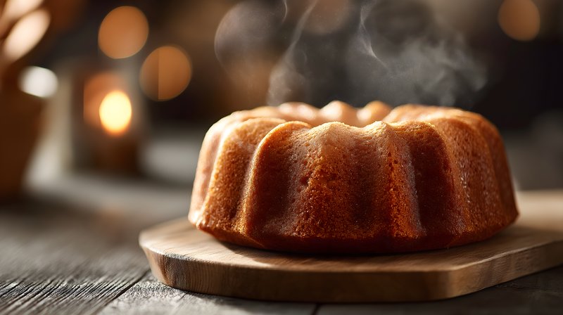 Freshly baked cake on wooden board with steam rising Free Premium Stock Photo - stock photo