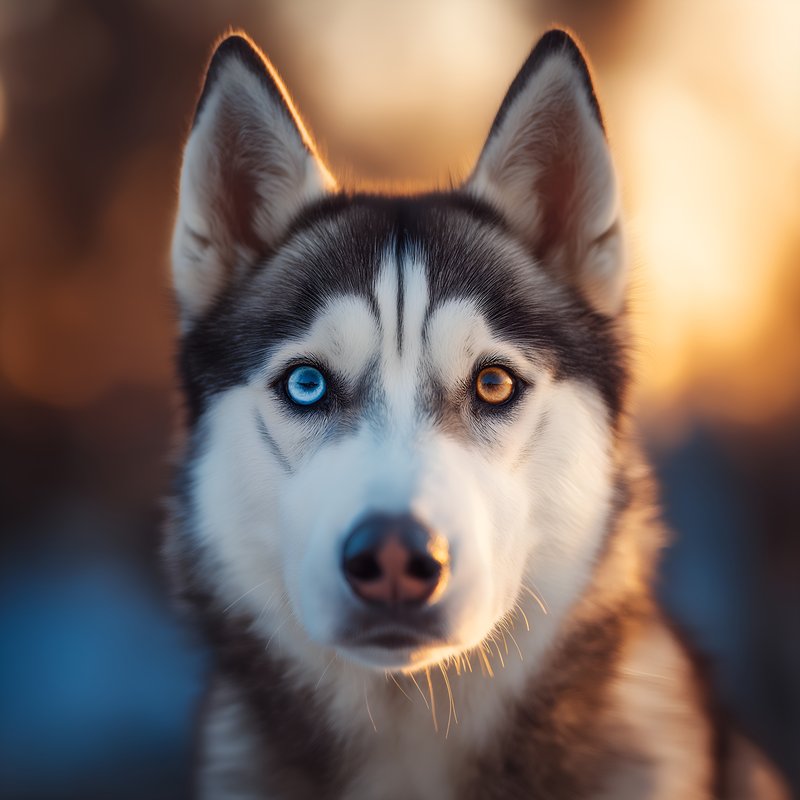 Siberian husky with striking blue and brown eyes at sunset Free Premium Stock Image - stock photo