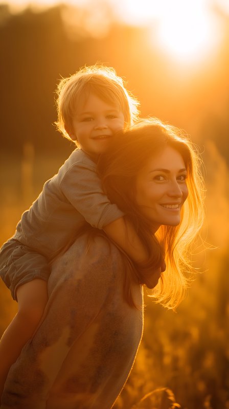 Mother and child enjoy sunset in a field Free Premium Stock Image - stock photo