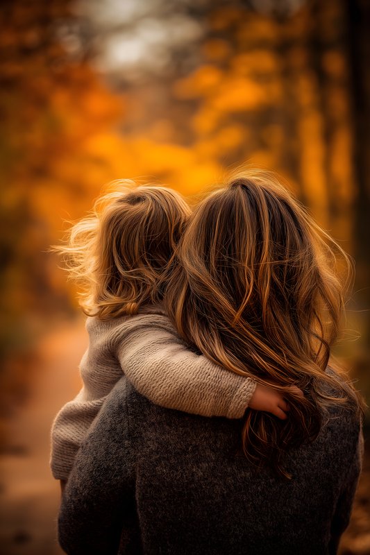 Mother and child enjoy walk in autumn forest with orange leaves Free Premium Stock Photo - stock photo