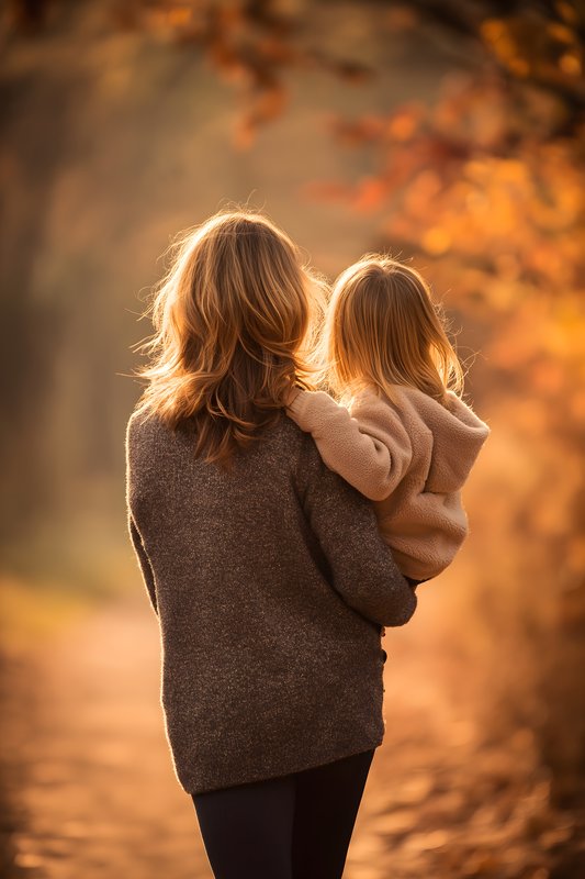 Mother carries child in autumn forest during sunset Free Premium Stock Photo - stock photo