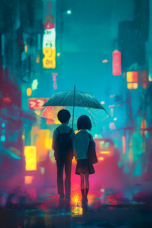 Two people share an umbrella in the rainy city at night Free Premium Stock Image - stock photo