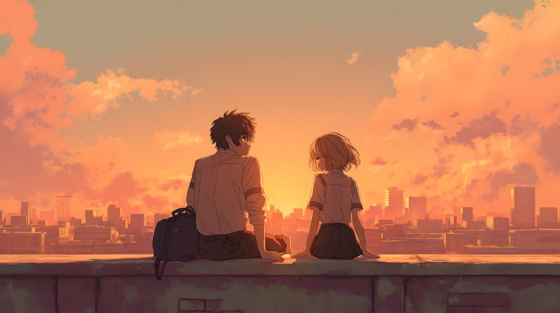 Two people watch sunset over a city skyline Free Premium Stock Photo - stock photo