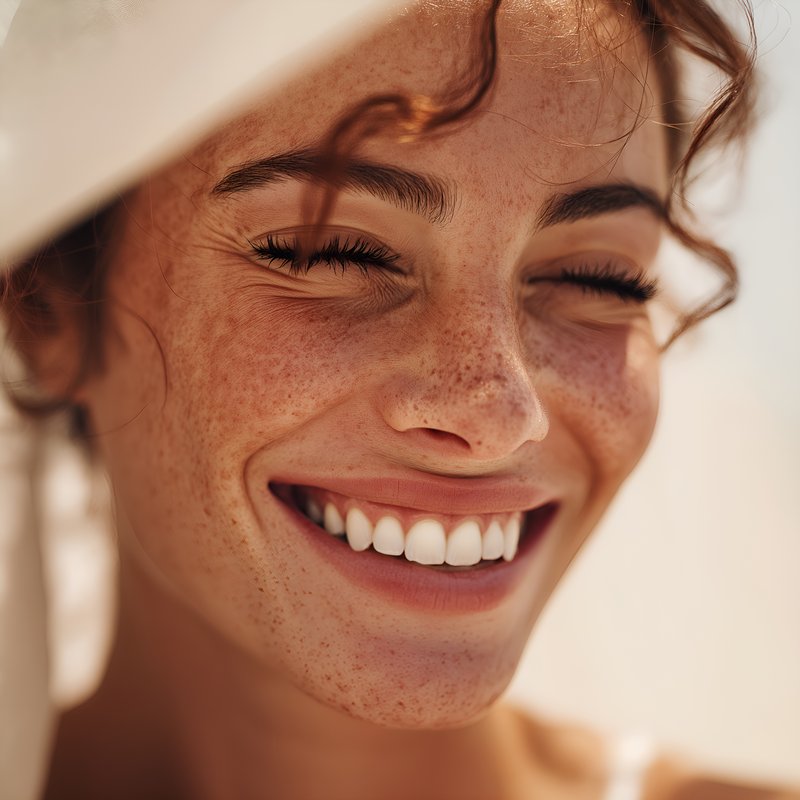 Woman smiling under sunlight with light fabric draped Free Premium Stock Photo - stock photo