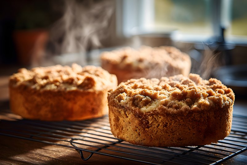 Warm cakes cooling on a wire rack in a sunny kitchen Free Premium Stock Photo - stock photo
